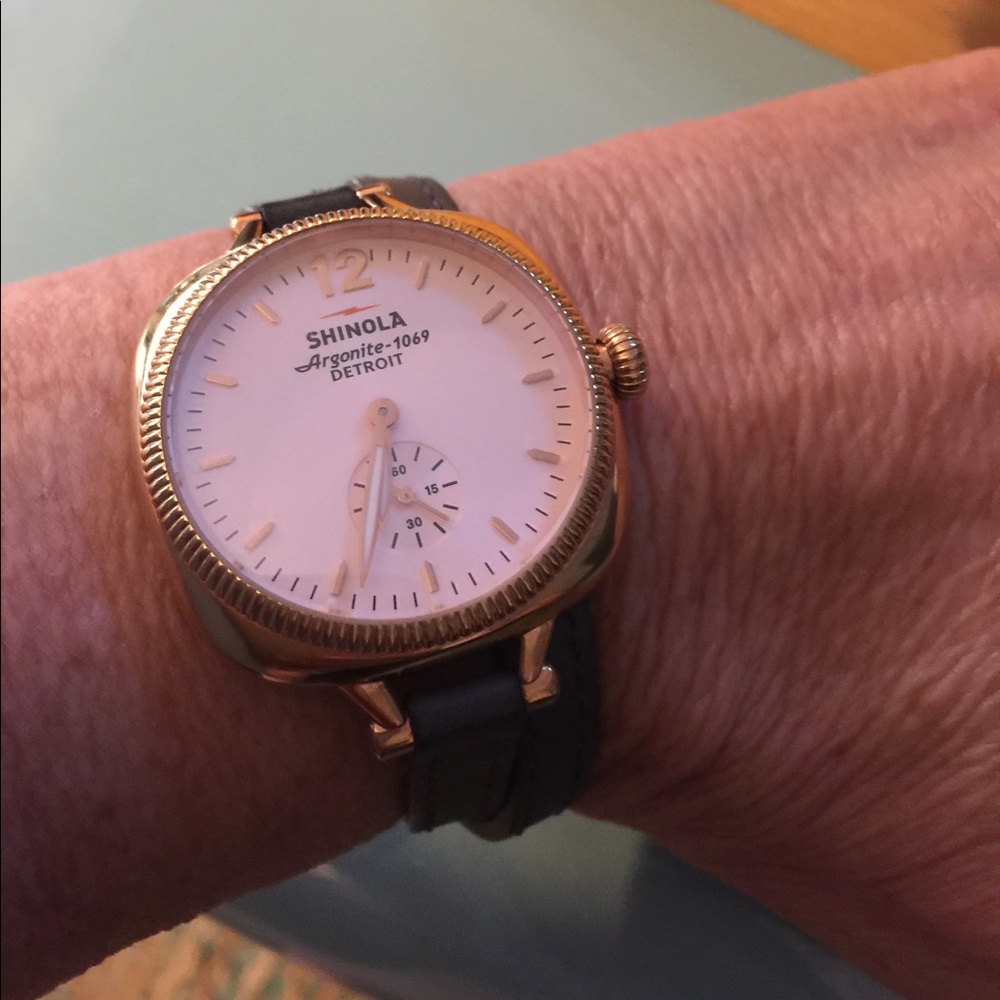 Shinola watch w/ rose face and brown leather
